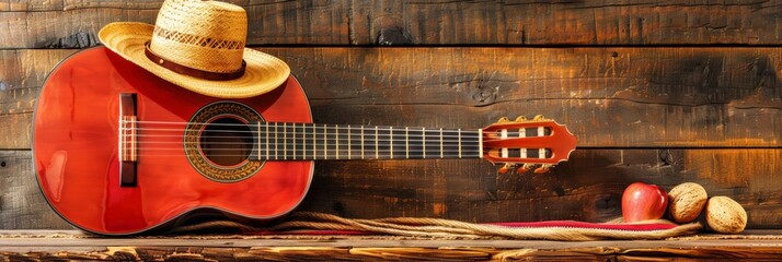 A red acoustic guitar with a straw hat on top of it rests against a rustic wooden plank wall