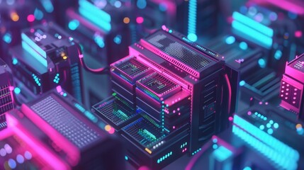 Futuristic neon-lit server farm with glowing blue and pink lights, representing advanced technology and data processing in a cyber environment.