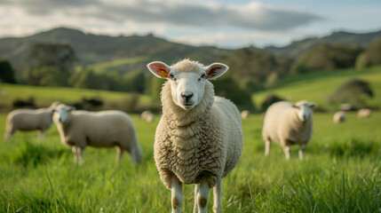 Fototapeta premium flock sheep in the grassy field of the farm 