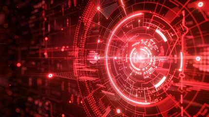 Fototapeta premium Futuristic red digital interface with glowing neon circles, representing advanced technology, AI, and data visualization. Bright cyber background.