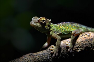 Chameleon blending into the dark forest background while sitting on a tree branch, wildlife travel nature beauty animal camouflage reptile