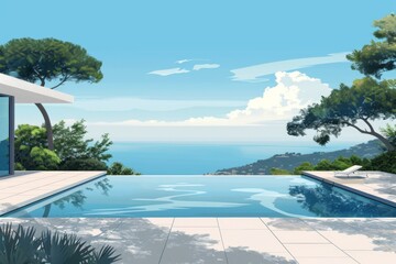 A serene pool scene with a stunning coastal backdrop, where the sky meets the sea. Perfect for relaxation and tranquility.