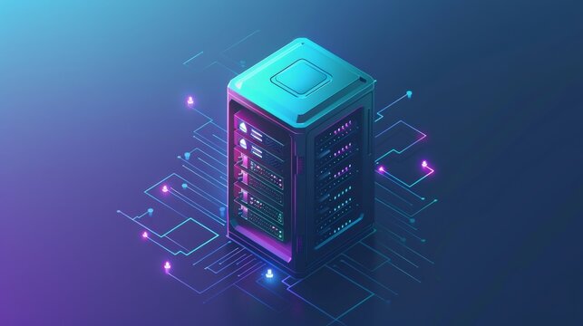 Futuristic server concept with neon lights and data connections, symbolizing advanced technology and digital communication.