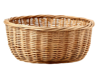A close-up image of an empty, round wicker basket. The woven texture and natural color make it a perfect storage solution for home decor.