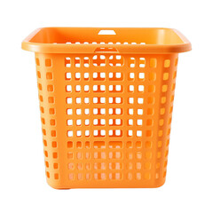 Bright orange plastic laundry hamper with ventilation holes. Perfect for storing and organizing clothes. Ideal for home use.