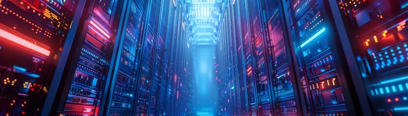 Futuristic server room with glowing lights and rows of data servers, representing advanced technology and information storage.