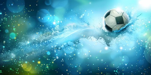 Fototapeta premium A soccer ball enters the water and creates a splash, with a bokeh background