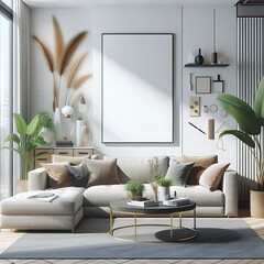 A living room style interior set design with a mockup poster empty white and with a couch and plants Vibrant optimized unique highquality.