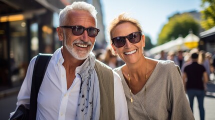 A couple in their late 50s, part of a group traveling happily in retirement.