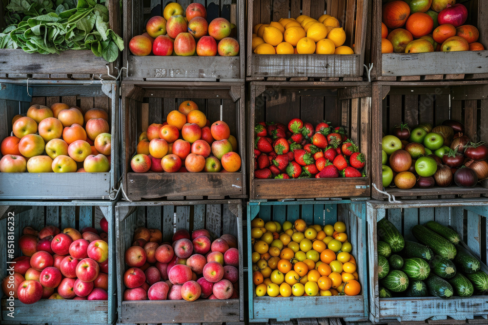 Poster a variety of fruits and vegetables are displayed in wooden crates. the apples are in the front left 