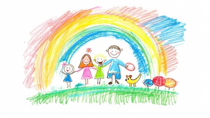 Fototapeta premium Creative children's drawing doodles in a psychologist's art therapy test: Happy family with children and parents