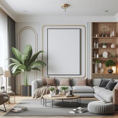 A living room style interior set design with a mockup poster empty white and with a large couch and a large picture frame decoration Vibrant informative creative Vibrant creative.