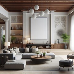 A living room style interior set design with a mockup poster empty white and with a large couch and a round coffee table Vibrant informative unique.