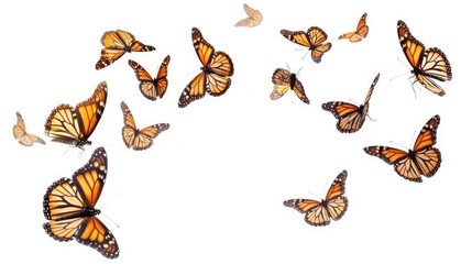 Fototapeta premium Butterflies in motion, mid-flight and mid-landing, set against a plain white background, emphasizing their elegance