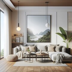 A living room style interior set design with a mockup poster empty white and with a large painting on the wall Vibrant informative optimized engaging.