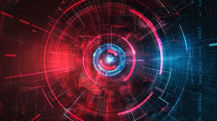 Obraz premium Futuristic technology background featuring a red and blue abstract digital interface with dynamic circular shapes and glowing lines.