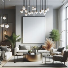 A living room style interior set design with a mockup poster empty white and with a large picture frame decoration Vibrant informative optimized unique.