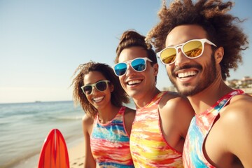 Fototapeta premium Group of smiling friends wearing swimsuits and sunglasses with surfboards on the beach Group vacation activities