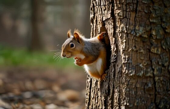 a squirrel in a tree hole, Seamless 4K looping virtual video animation background