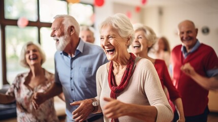A group of happy seniors dance while enjoying activities in a nursing home. flexible body Do physical therapy