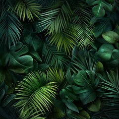 Fototapeta premium Dense tropical foliage background, green and lush, rainforest leaves. Suitable Holidays: Earth Day, Arbor Day