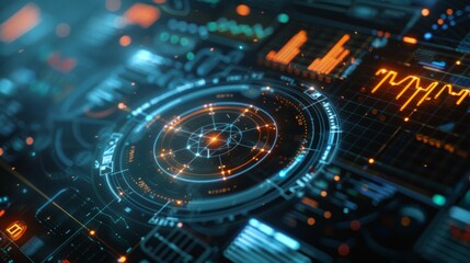 High-tech digital interface with futuristic data visualization and holographic elements, showcasing advanced technology and innovation.