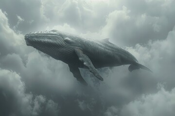 Fototapeta premium Blue whale swimming in the grey sky among clouds: A surreal scene of a massive blue whale gliding through a cloudy, grey sky