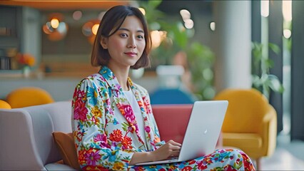 Asian woman executive with short hair in a business suit, sitting cross-legged and conducting business 