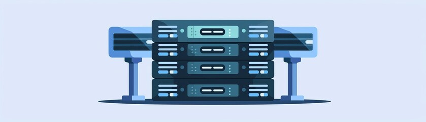 Illustration of a data server in a data center, highlighting digital storage and network technology on a light blue background.