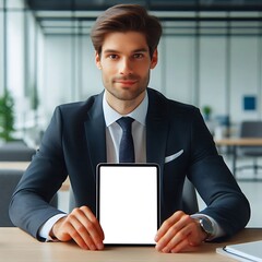 A man in a suit holding a tablet optimized Vibrant engaging Artistic.