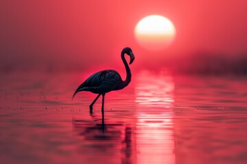 A flamingo stands in the water against the background of a pink sunset.