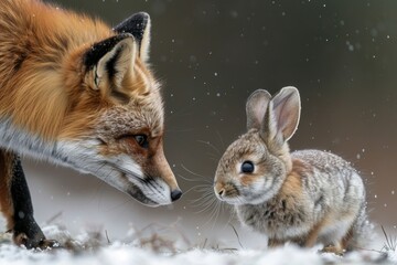 Obraz premium Fox poised to pounce on a helpless bunny. The fox lurked to attack the little rabbit. Predator and prey.