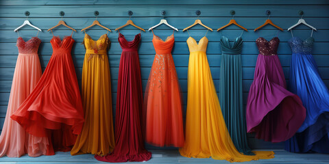 Array of colourful dresses against a blue backdrop