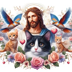 A painting of a Jesus christ design drawing graphic with a cat design drawing graphic and birds Vibrant highquality vector Illustrative.