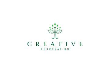 Tree logo with T letter in natural green color linear design style