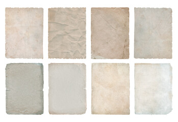 Old vintage paper sheets set with torn edges. Different texture of antique paper or parchment	