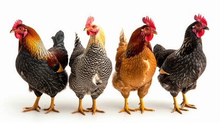 Fototapeta premium Close-up of chickens in different stances, highlighting their unique features against a white background.