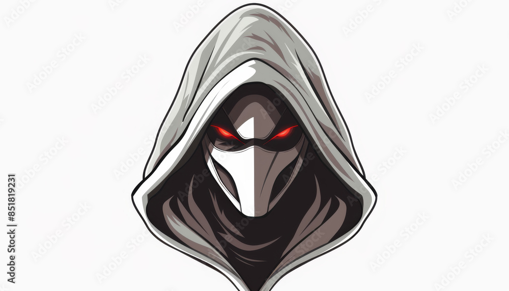 Poster evil ninja with white hood and mask, red eyes, angry expression isolated on white background