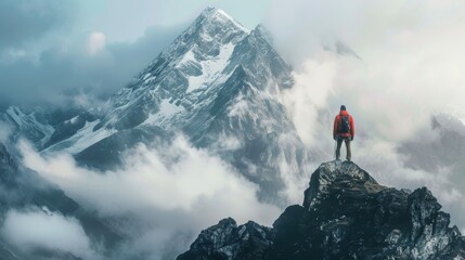 Hiker standing on the top of icy peak
