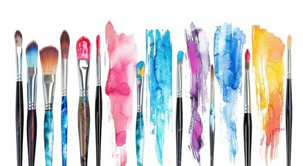 Rainbow of paint brushes ready for artistic creations on white background for creativity and craft projects