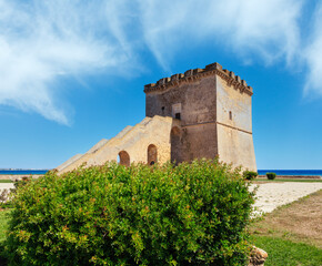 Picturesque historical fortification tower Torre Lapillo (St. Thomas Tower) Torre di San Tommaso on Salento Ionian sea coast, Puglia, Italy