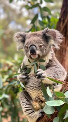 Fototapeta premium A koala sits on a tree and eats eucalyptus.