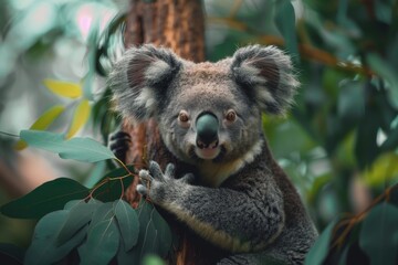Obraz premium A koala sits on a tree and eats eucalyptus.