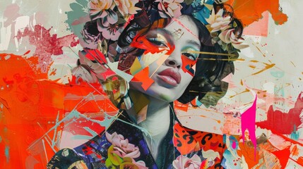 Vibrant abstract portrait of woman with floral elements and dynamic colors, combining fine art and modern expression.