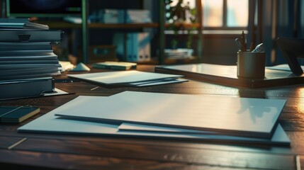 Closeup office desk with work papers and document background