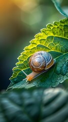 Snail on a leaf: A small snail crawling slowly on a vibrant green leaf, its shell gleaming in the sunlight, capturing the delicate beauty of nature up close. 