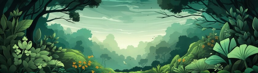 Fototapeta premium Stylized Temperate forests leaves, vibrant greens, flat design, clean lines