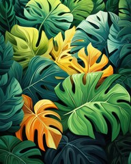 Fototapeta premium Stylized Tropical rainforests leaves, vibrant greens, flat design, clean lines