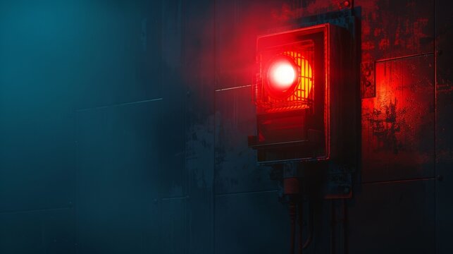 Mysterious industrial scene with a glowing red light signal casting eerie illumination in a dark, smoky environment.