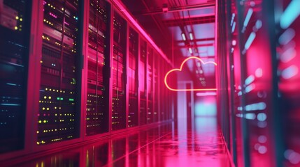 Fototapeta premium Neon-lit cloud computing data center with servers showing modern technology for online storage and digital information management.